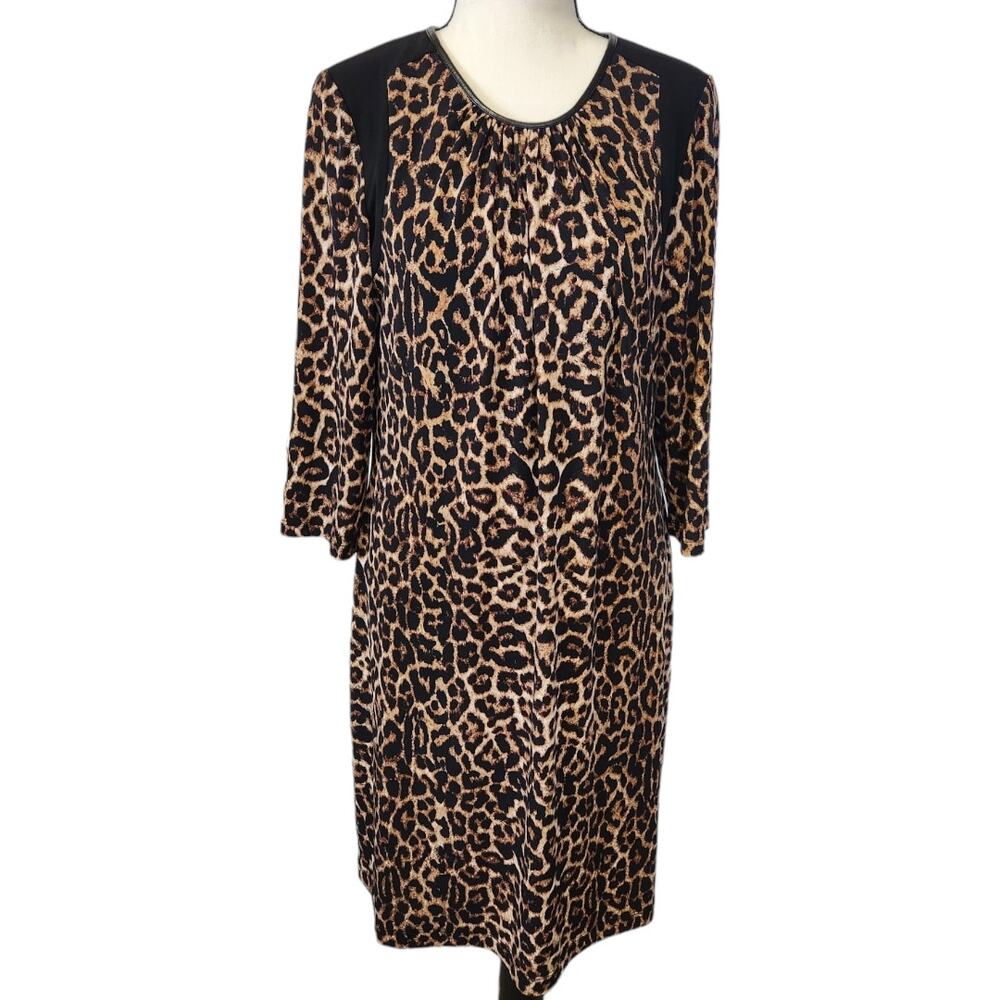 Chico's Annie Leopard Animal Midi 3/4 Sleeve Stretch Dress NWOT Size 8